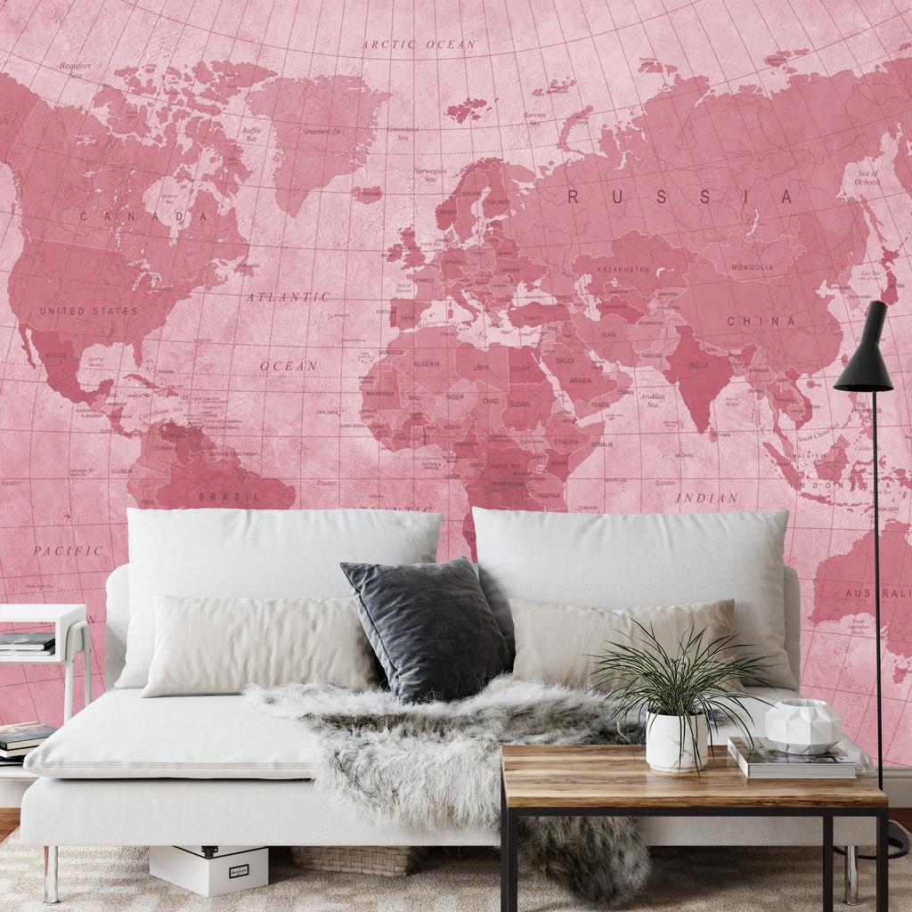 Photomural World Map Textured Red Iq-1262-D Washable Fleece 254x184