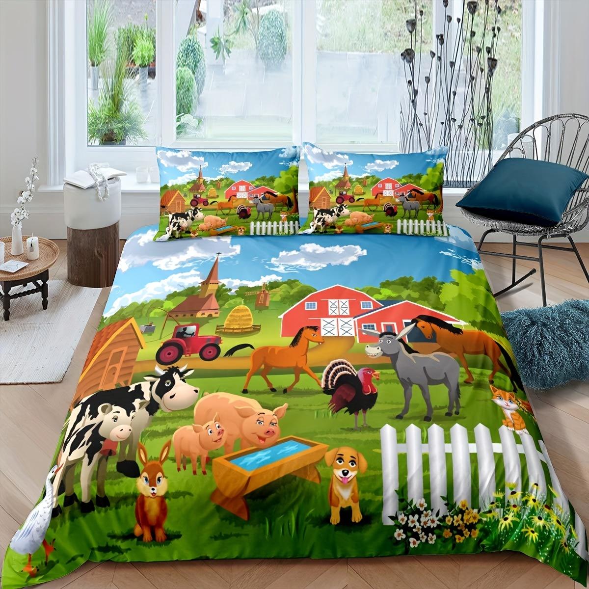 

3-Piece Cartoon Farmhouse Duvet Cover Set: Soft Country Style Comforter Cover with 2 Pillowcases, No Filler EU Single 135x200cm