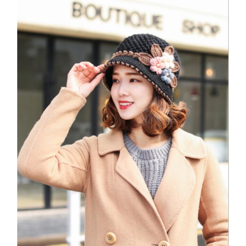 Knitted Hat Women'S Autumn And Winter Wool Hat Classic Winter Women'S Hat Flower Fleece-Lined Bucket Hat Mother Warm Winter Hat