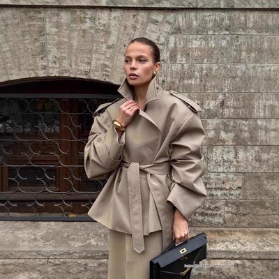 2025 Autumn European & American Fashion Lapel Tie-up Short Trench Coat