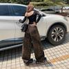 High Street American Leopard Print Denim Wide Leg Pants Women's Autumn and Winter Slack High Waist Loose Straight Mopping Pants Tide