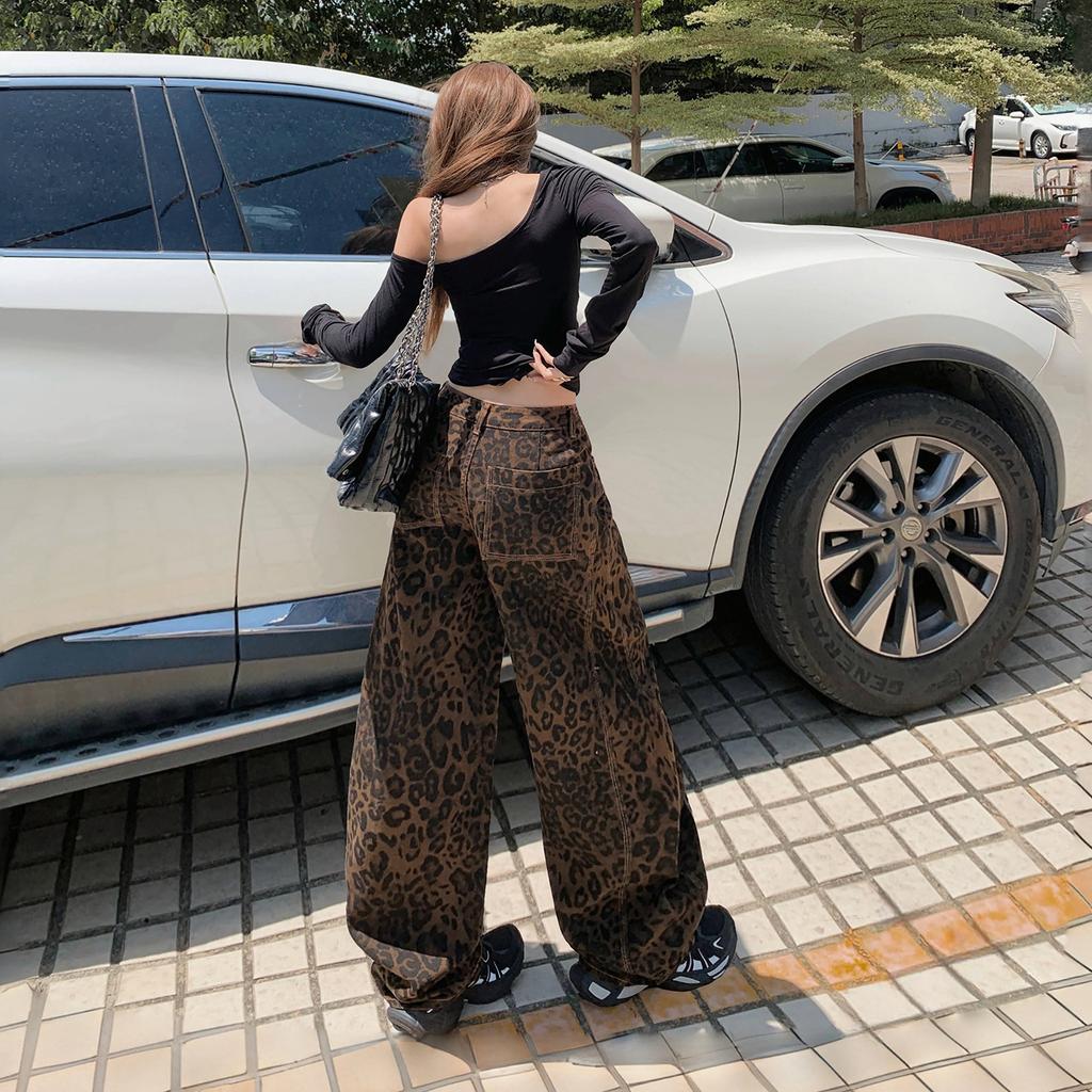 High Street American Leopard Print Denim Wide Leg Pants Women's Autumn and Winter Slack High Waist Loose Straight Mopping Pants Tide