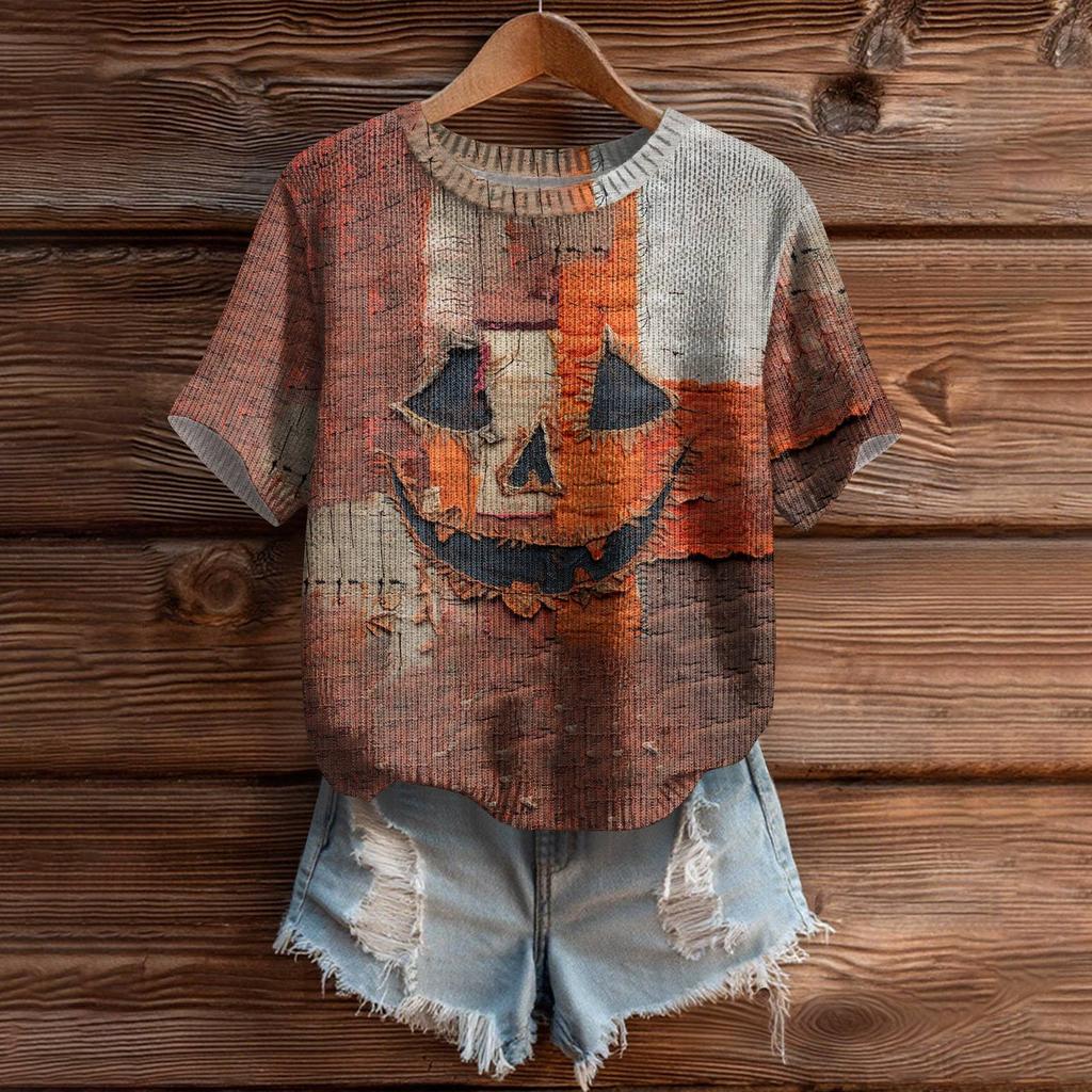 Women's Cute Sweater Knitted Fashion Casual Round-neck Short-sleeved  Cozy Print Top