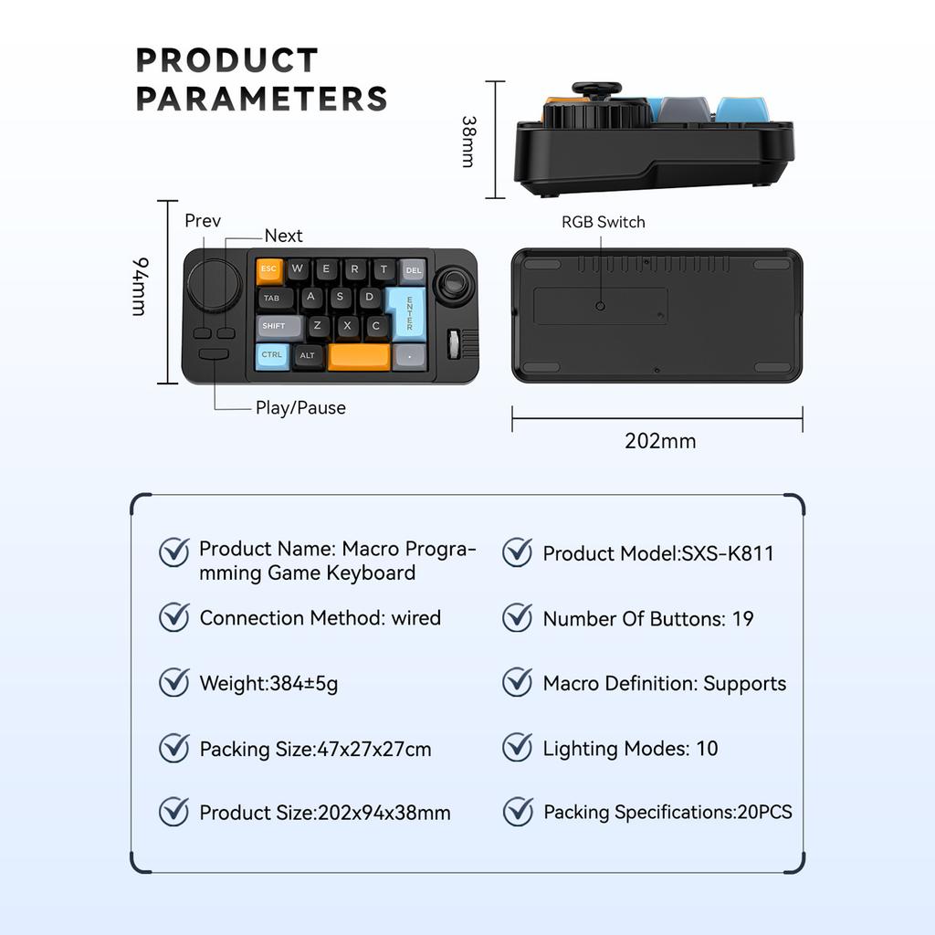Programmable Wired Mechanical Keyboard with Volume Scroll Game Joystick 19Key Hot-Swappable For PC Computer Laptop RGB Light