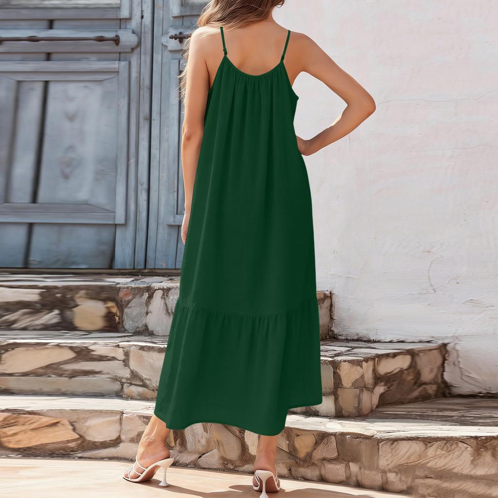 Women Summer Dresses  Spaghetti Strap Scoop Neck Smocked Ruffle Flowy Boho Maxi Dress