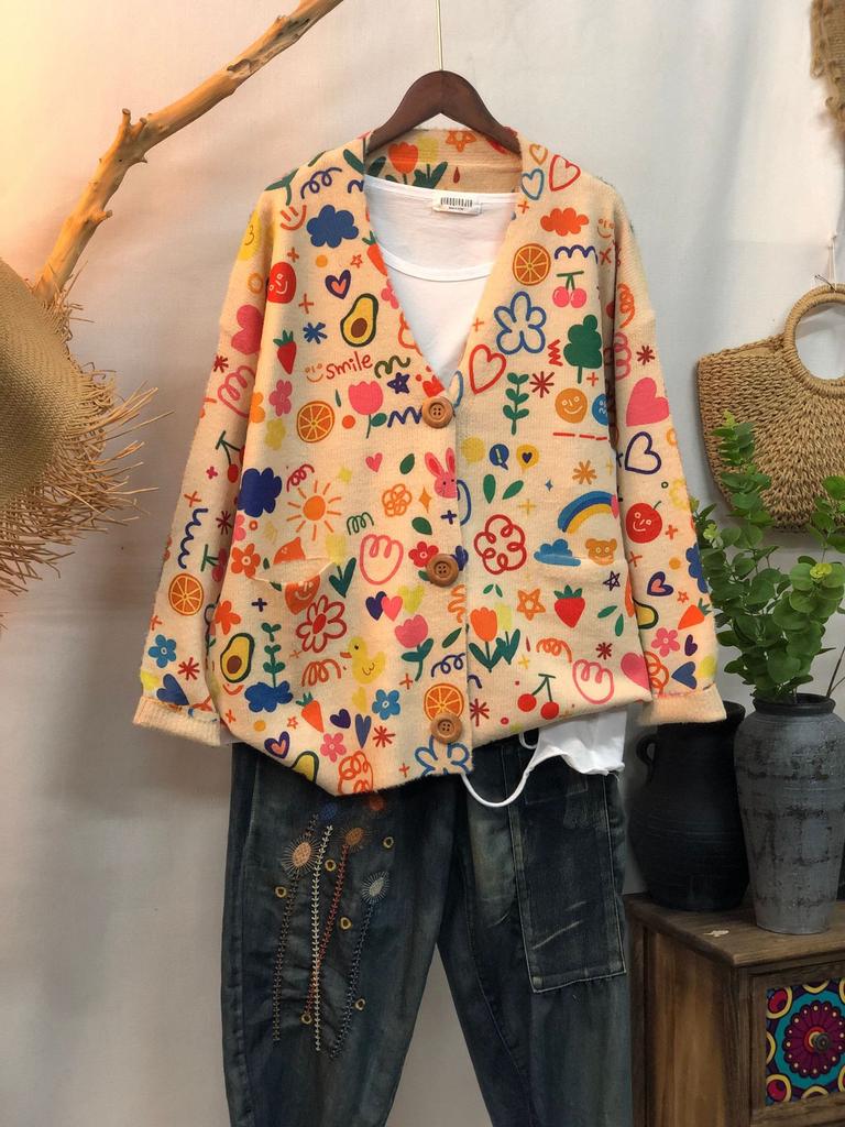 Factory new autumn and winter cute printed imitation mink velvet jacket women's Korean version loose lazy sweater