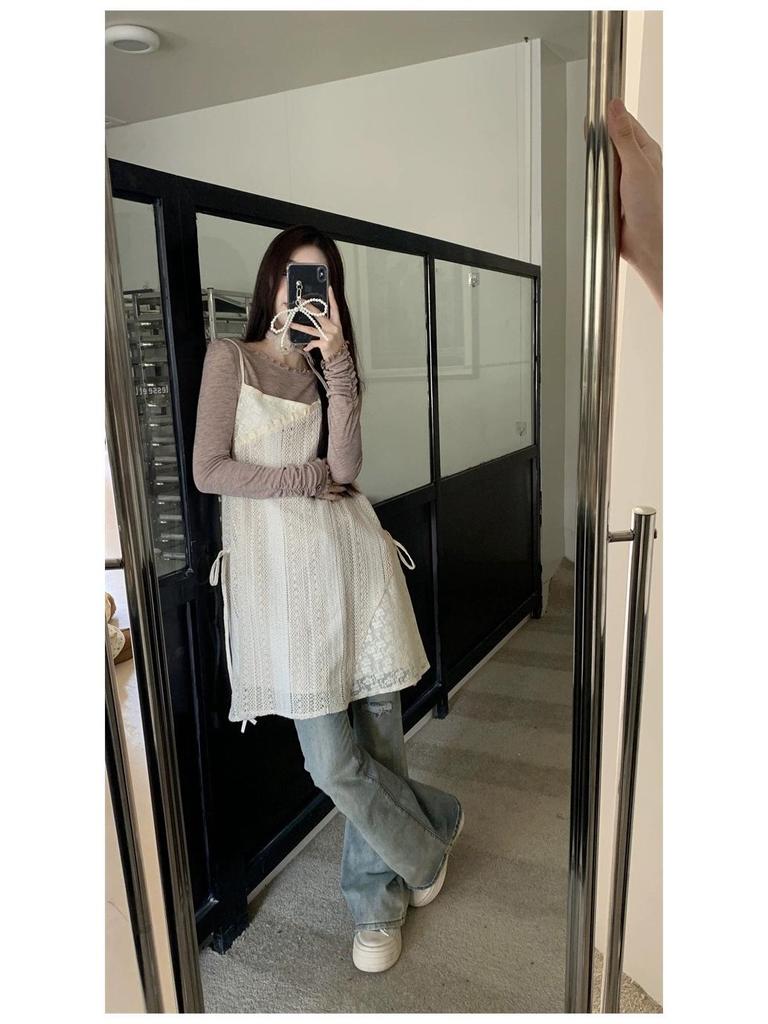 Women's Niche Lace Camisole Dress, Spring 2026 - New Slimming A-line Mini Skirt with Drawstring for Layering and Style.
