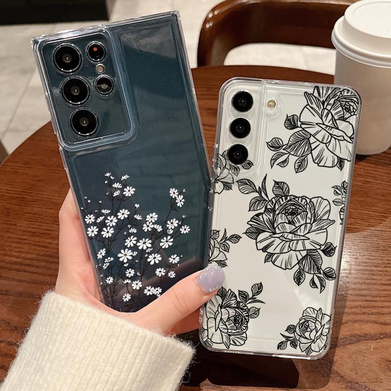 Transparent Flowers Pattern Phone Case For Samsung Galaxy S26 S25 S24 S23 Ultra S26 S22 Plus S24 S21 FE S25 Edge Soft TPU Cover