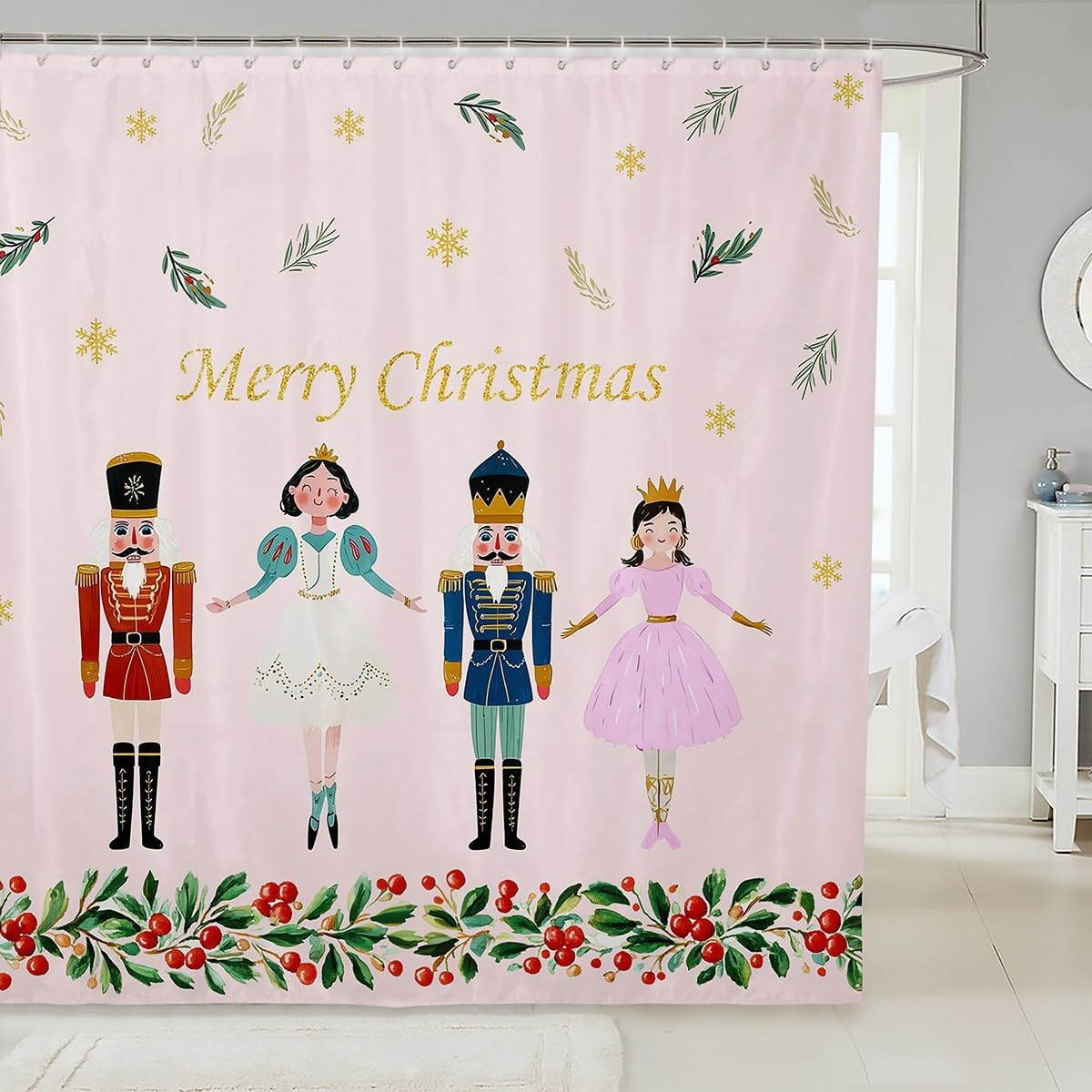 

Pink Christmas Nutcracker Shower Curtain With Ballet Theme, Waterproof Princess Bathroom Decor For Girls Holiday Celebration W60H190(CM)-1 Pcs
