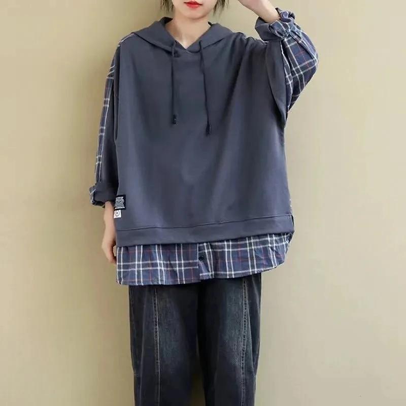Hoodies for Women Harajuku Oversized Plaid Patchwork Hooded T-shirts Casual Korean Style Long Sleeve Women Clothes Trend Tops