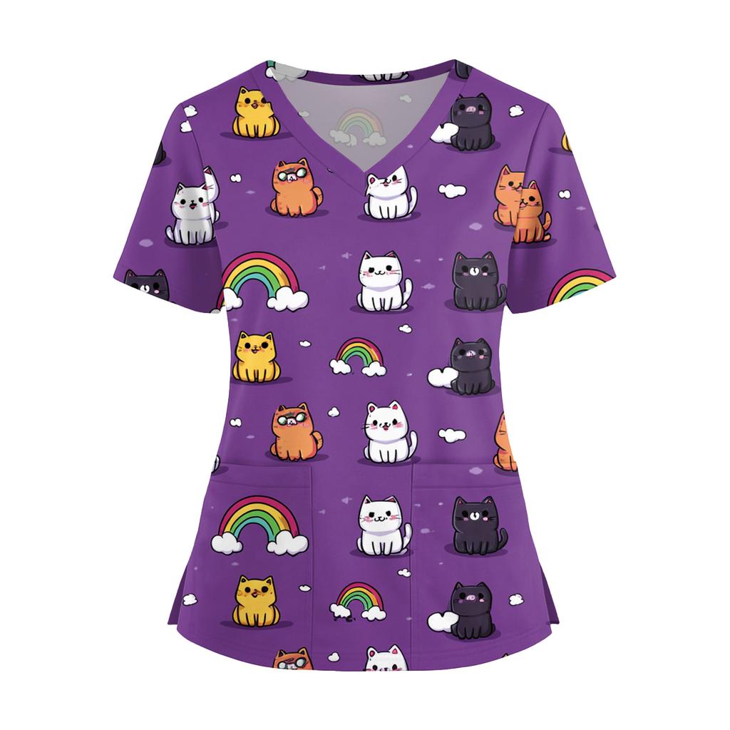 Women's Fashion V-Neck Short Sleeve Overalls With Pockets Print Tops Clothes