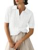 Women's Cable Knit V Neck Short Sleeve Pullover Sweater Solid Lapel Detail Casual Top