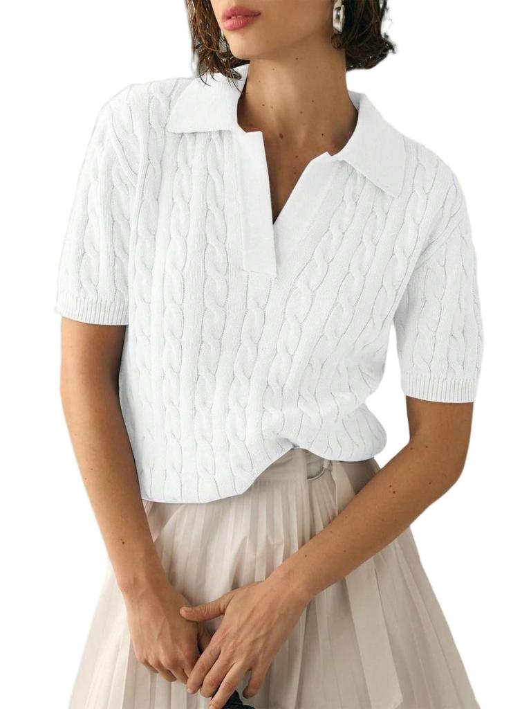Women's Cable Knit V Neck Short Sleeve Pullover Sweater Solid Lapel Detail Casual Top