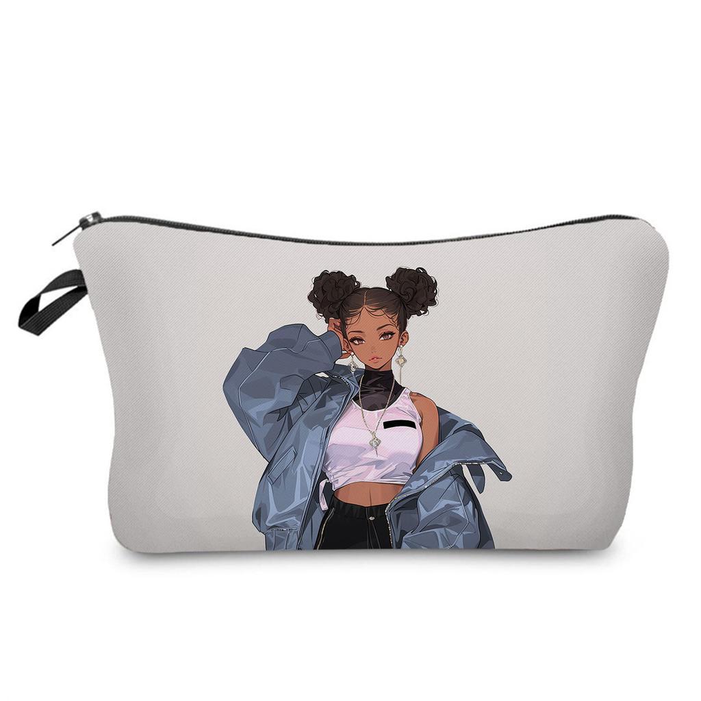 Women Black girl Print Cosmetic Bag Toiletries Organize Travel Storage Case 6846