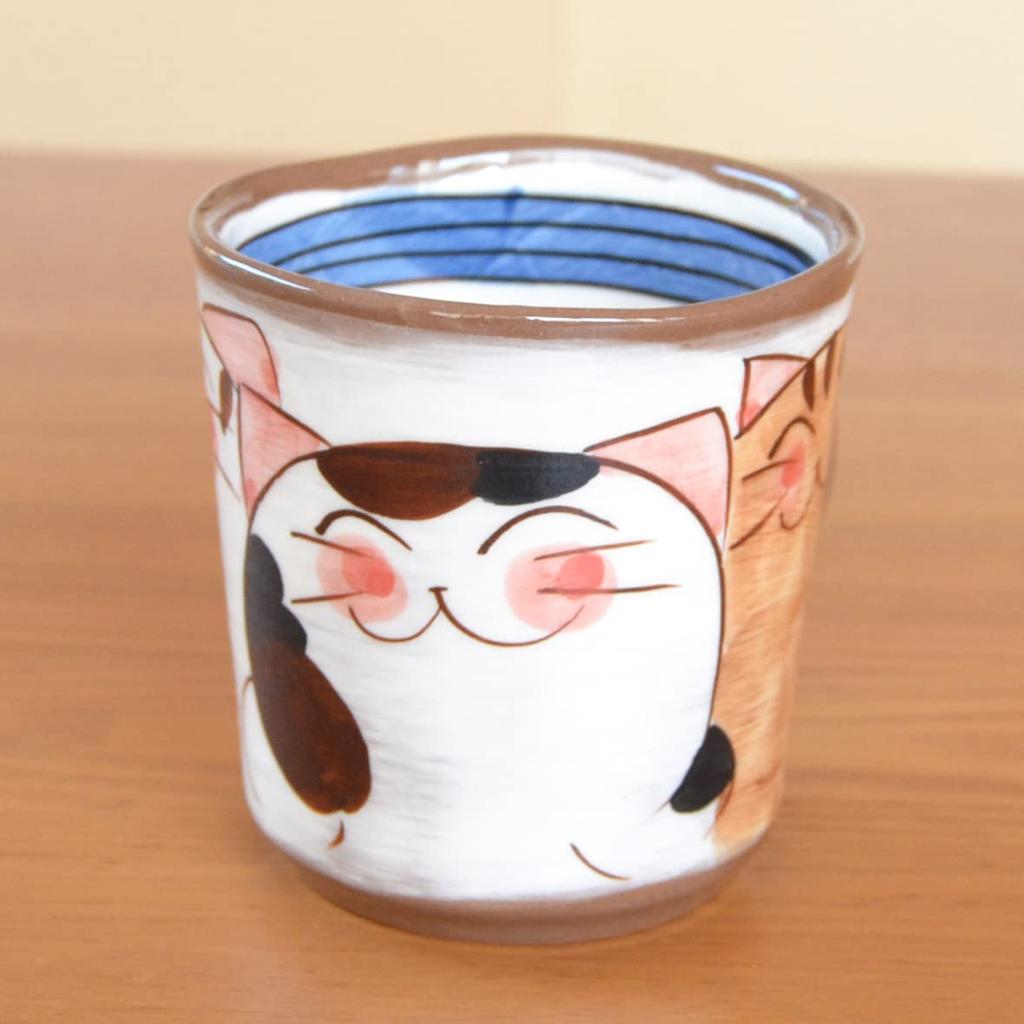 Birthday present mug coffee cup Arita ware Hasami ware Three cats friendly cats blue