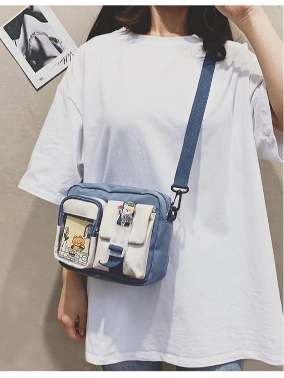 Mori Styl Korejská Plátěná Crossbody Taška Velké Kapacity – Roztomilá Studentská Čtvercová Taška přes Rameno pro Telefon a Fotoaparát