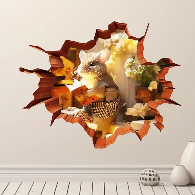 M735 Cute Mouse Hole Wall Sticker , Mouse Reading Book In Wall Hole Decal, Mouse Hole Sticker, Mouse Reading Decor