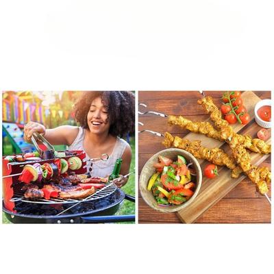 10pcs Outdoor Portable Barbecue Fork Stainless Steel Skewers with Wooden Handles Double Pronged Barbecue Tool Set