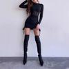 Damska Przezroczysta Siateczkowa Mini Sukienka z Wycięciami i Wiązaniem w Pasie, Długim Rękawem, Dopasowana, Okrągły Dekolt, Styl Streetwear