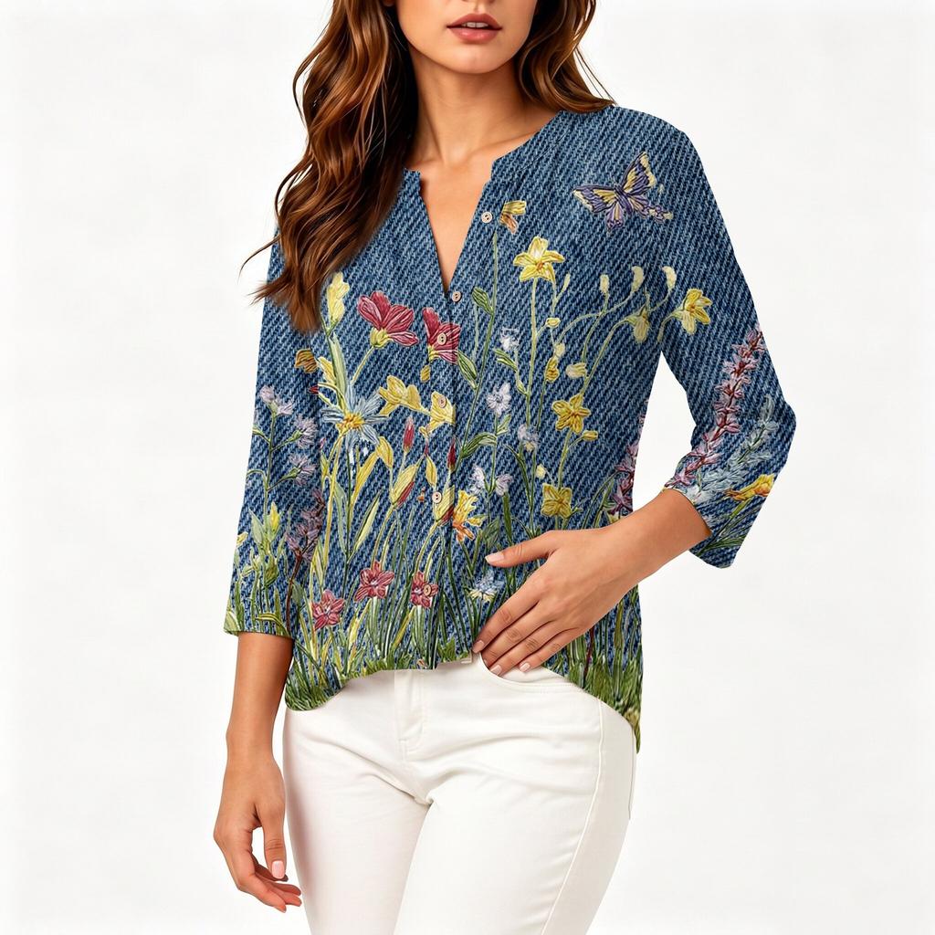 Women Vintage Floral Print Henley Button Neck Three Quarter Sleeve Linen Cotton Blouse Casual Loose Fit Shirt