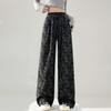 Spring Autumn Elastic Waist Vintage Jacquard Wide Leg Pants Women Loose Casual All-match Straight Trousers
