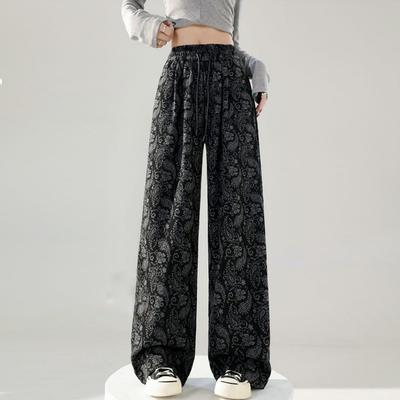 Spring Autumn Elastic Waist Vintage Jacquard Wide Leg Pants Women Loose Casual All-match Straight Trousers