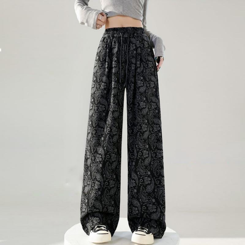 Spring Autumn Women's Elastic Waist Vintage Printing Wide Leg Pants Female Loose Casual All-match Straight Trousers