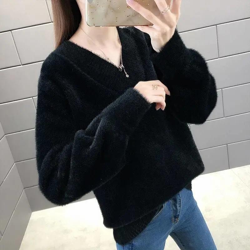 V-neck Mink Sweater Thickened Knitted Jumper Female Korean Style Pullover Loose Casual Sweater Winter Warm Outwear Bottming Tops