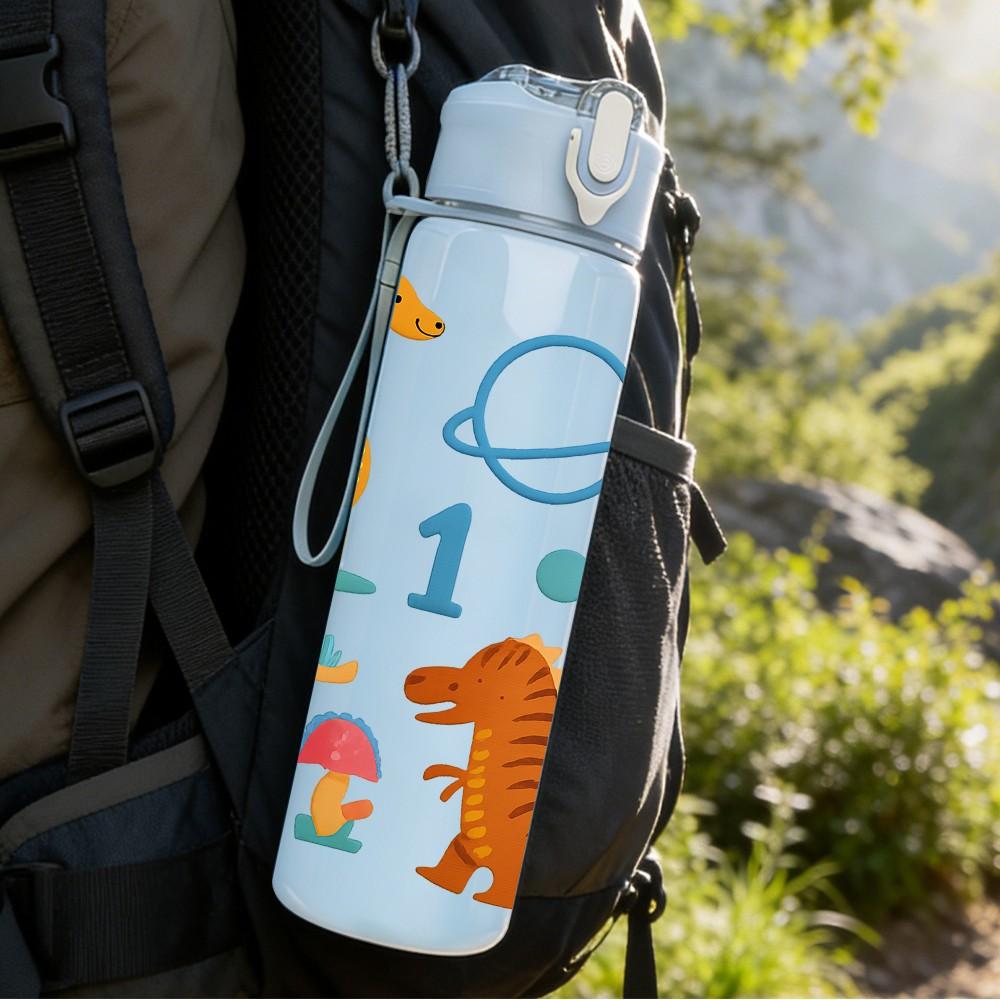 1PC Dinosaur Rainbow Number Set 750ml Color Plastic Sports Water Bottle Leakproof Flip Straw Lid Suitable for Sports Office Home Use