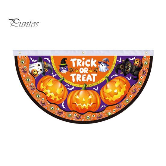 Large Halloween Yard Backdrop Semi Circle Bunting Banner, Pumpkin Bat Porch Decor, Haunted House Party Decor Spooky Festive Hanging Flag for
