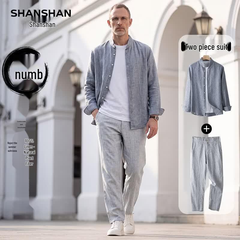 SHANSHAN Men's 100% Linen Shirt & Trousers Set