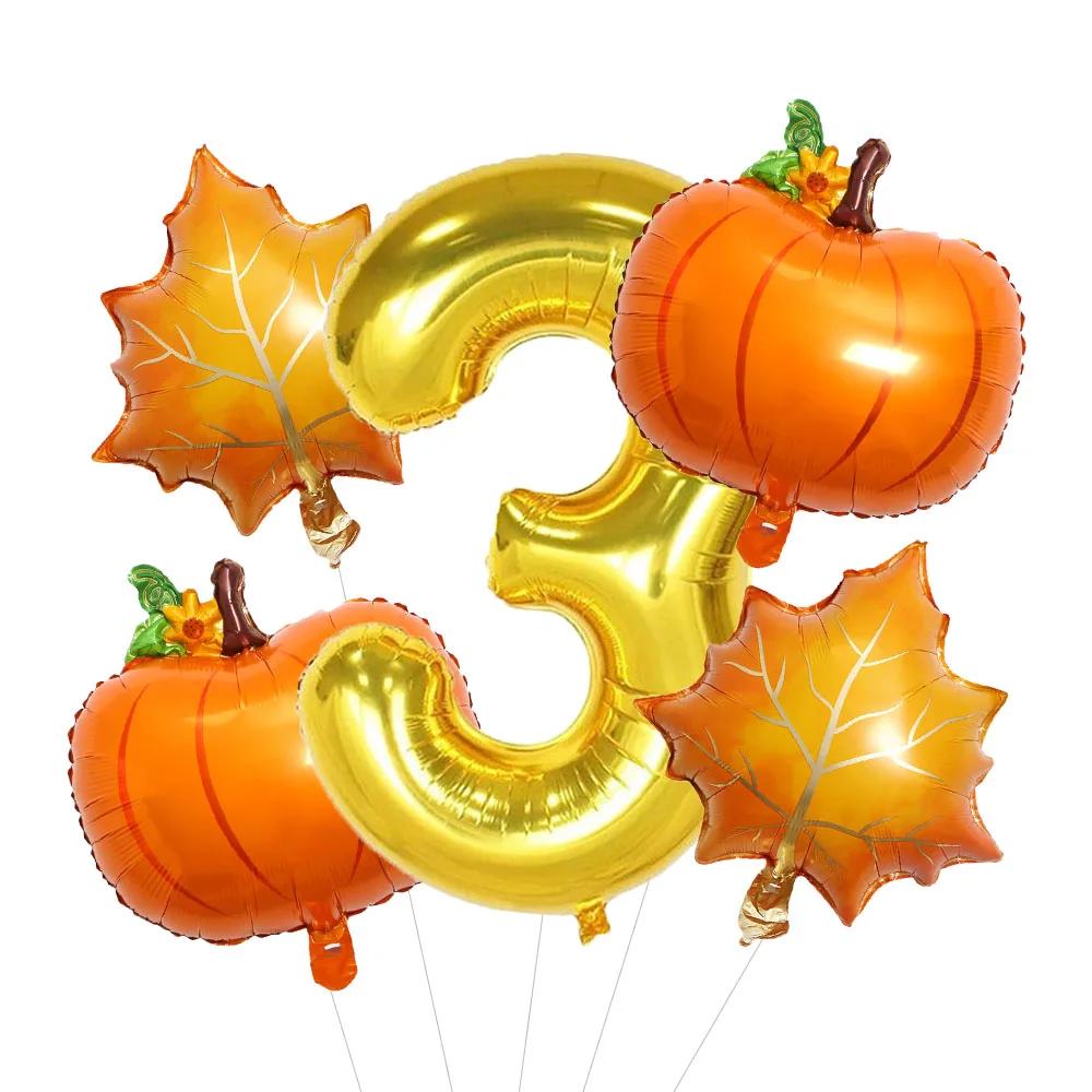 5pcs Autumn Pumpkin Maple Leaves Balloons Set 32inch Gold Number 0-9 Balloon Birthday Decorations Fall Festive Party Supplies