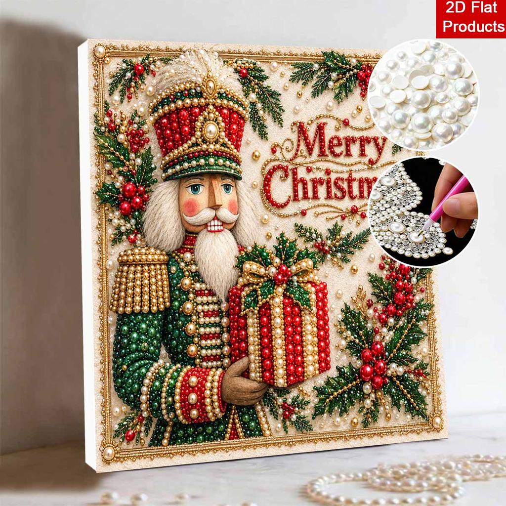 Nutcracker Merry Christmas Pearl Bead Art with Frame 3D Sparkling Canvas Painting Home Wall Decor and Creative Gift for Girls Room Decor
