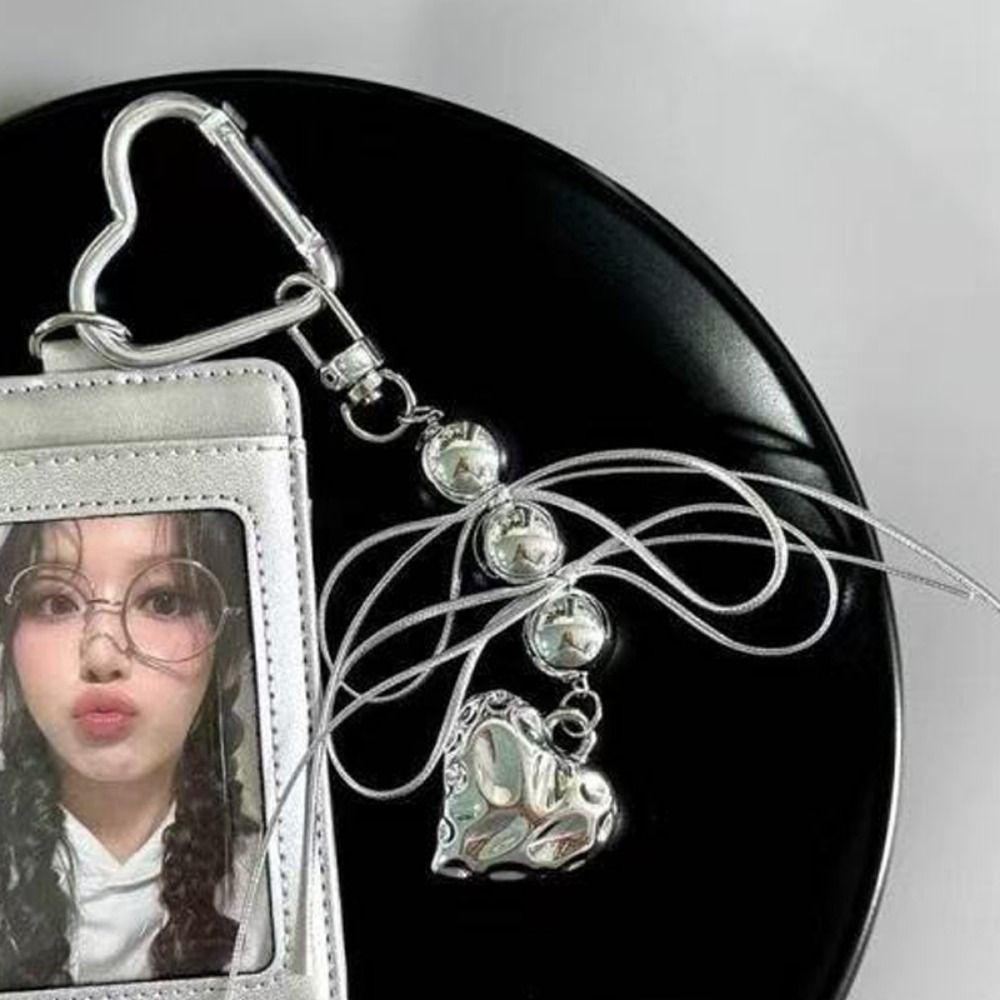 Kawaii Leather Card Holder Silver Love Bead Pendant Kpop Photocard Holder Ins Ribbon Photo Display Bag Pendant Employee ID