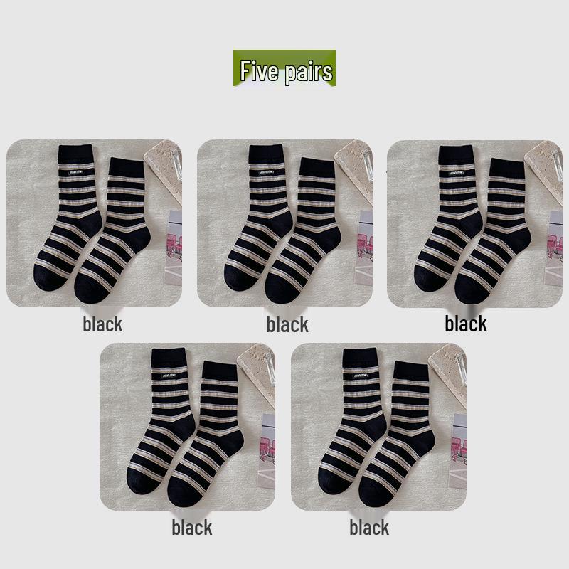 

Осенние полосатые хлопковые носки до середины икры для женщин - Модный присборенный дизайн с буквенной этикеткой. One Size