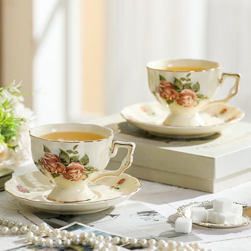 Retro Rose Flower Coffee Cup and Saucer Set- Ceramic Teapot and Tea Cup with Gold Trim, Suitable for Tea Party Gifts ( 2 Cup and 1 Teapot)