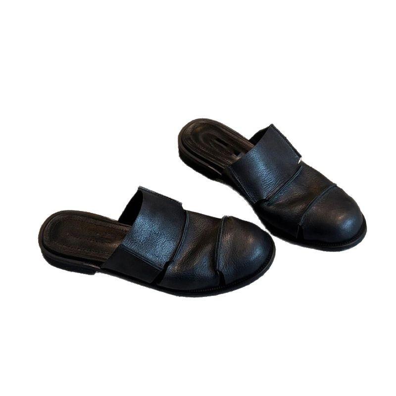Soft Leather Version! Black Bag Head Half Slippers Women's Retro Soft Leather Lazy One-pedal Muller Shoes Low-heeled Roman Shoes