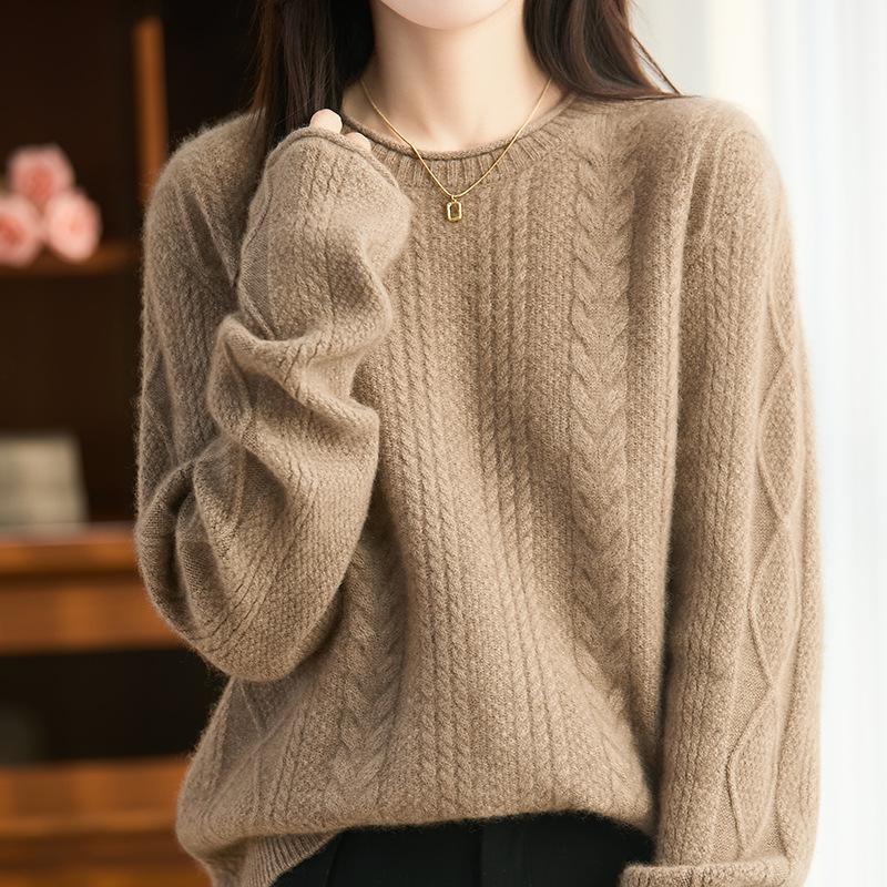 Women's 100% Pure Wool Round Neck Cable Knit Sweater - Thickened, Rolled Edge, Loose Fit for Autumn & Winter