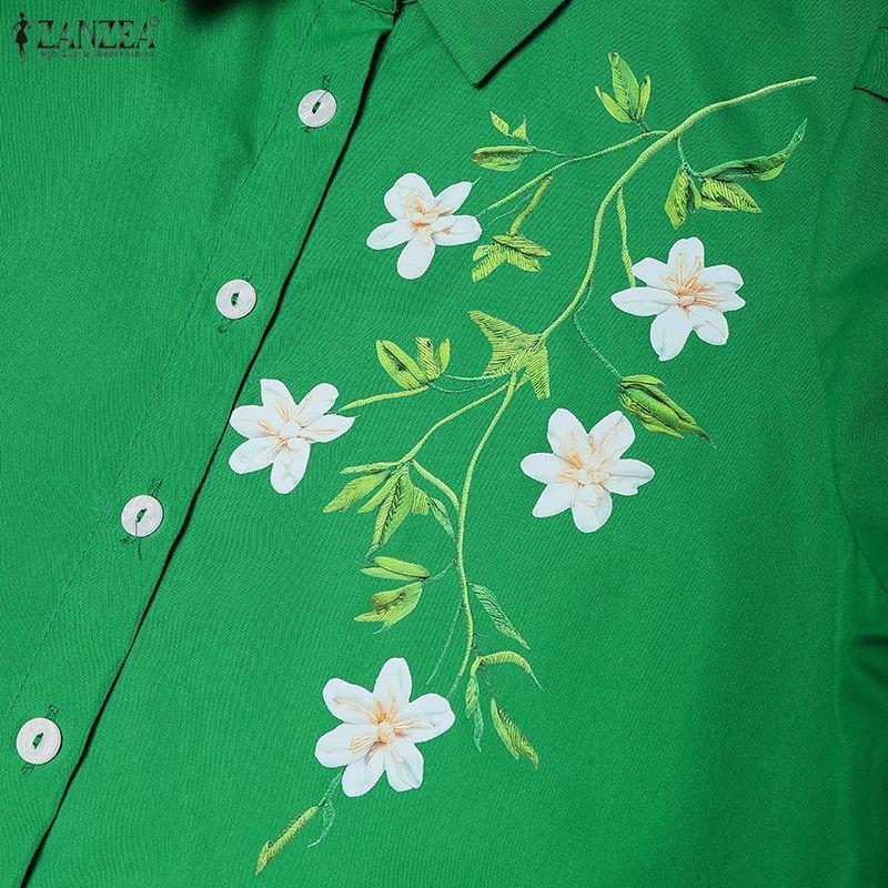 ZANZEA Women Casual Turn Down Collar Floral Print Short Sleeve Dress