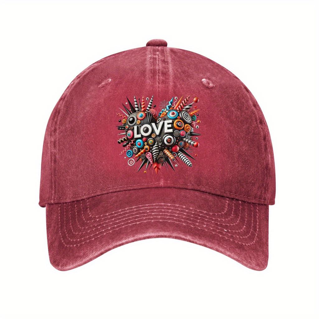 Abstract Love Heart Graphic Print Denim Baseball Cap Casual Adjustable Unisex Cotton Hat for Outdoor Sports