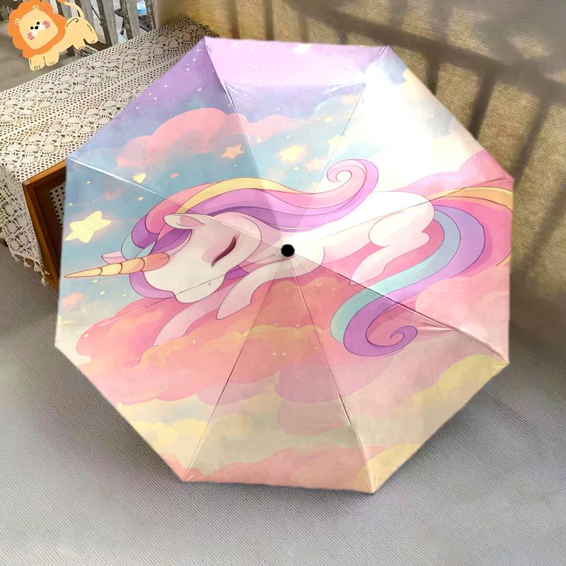 Unicorn Rainbow Magic Folding Umbrella Suitable For All Seasons Durable Light Sun Umbrella Three Folds