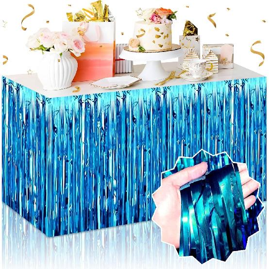 3 Pack 29 x108 Inch Blue Foil Fringe Table Skirts Metallic Banner for Tel Streamer Garland Backdrop for Parade Floats Mother's Day, Graduate,