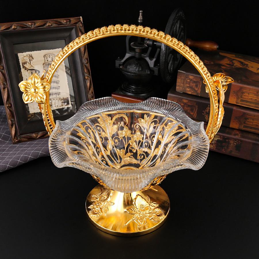 European metal flower handle glass fruit plate, snack plate, candy plate, snack plate, removable glass fruit plate, fruit basket