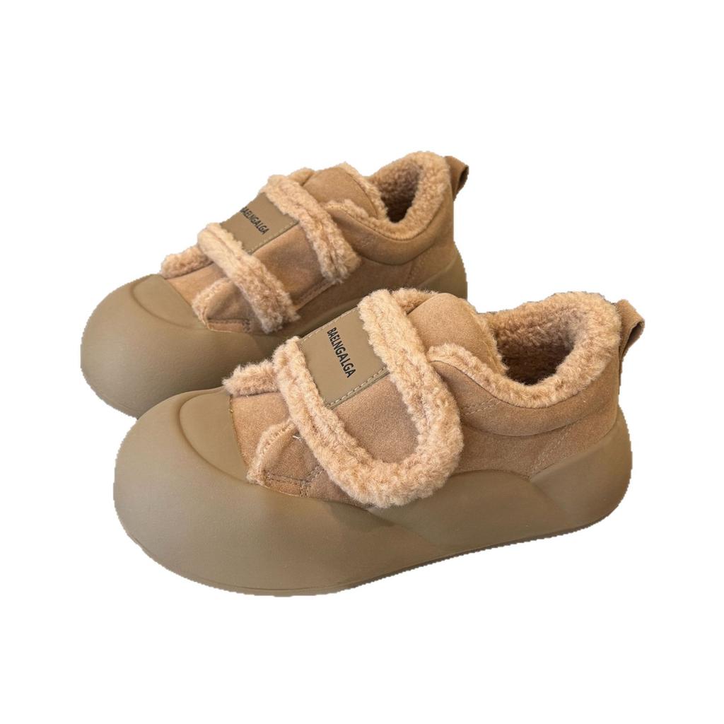 Plateau-Brot-Schuhe neu Samt warm Imitat Lammwolle mattes Leder lässige Mode Klettverschluss Damen Baumwollschuhe
