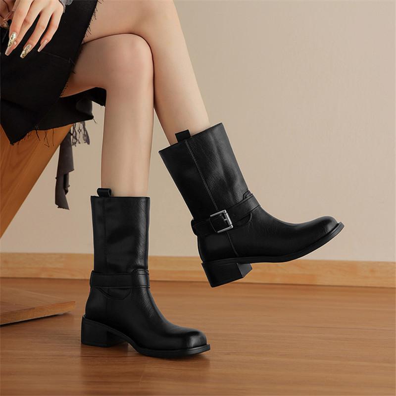 Fashion New Autumn/winter Split Leather Women Boot Round Toe Shoes for Women Fashion Boots Chunky Heels Mid-calf Boots Western Boots