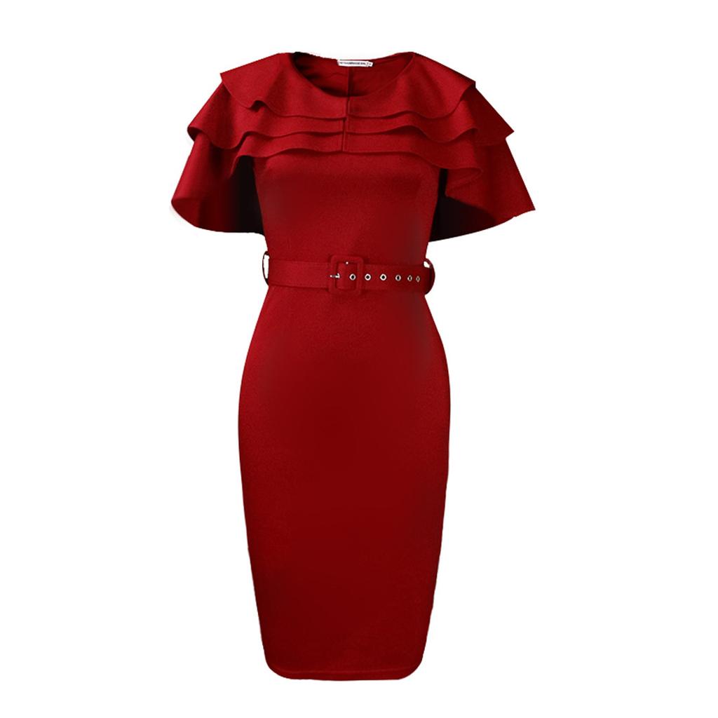 Großes Damen-Sommermode-Rüschenkleid, einteiliges, einfarbiges Etuikleid mit Gürtel