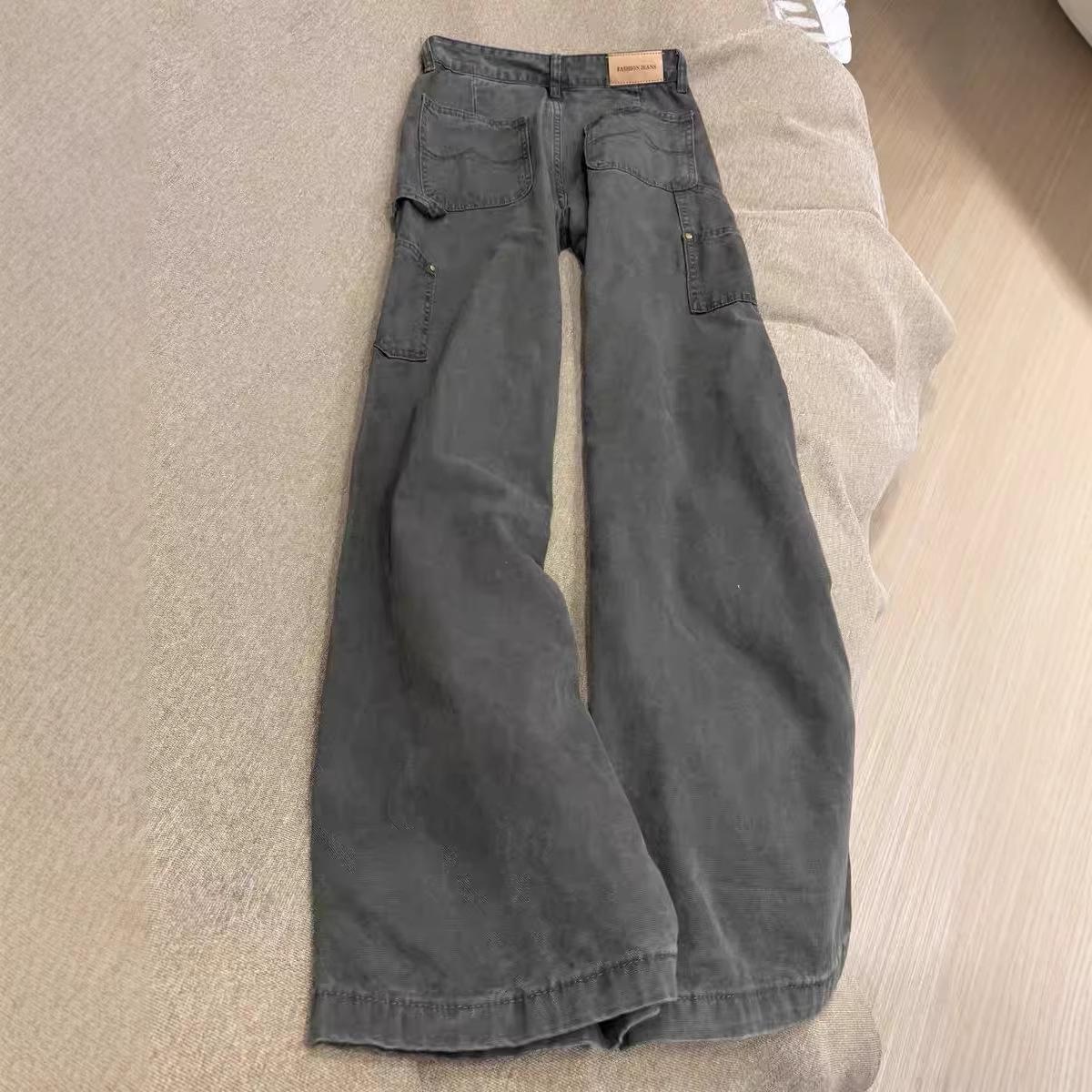 Women s Retro High Waist Wide Leg Army Green Jeans M