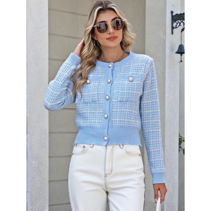 Women's Plaid Knitted Cardigan Small Fragrance Style Elegant Coat Pearl Button Fashion Sweater for Women