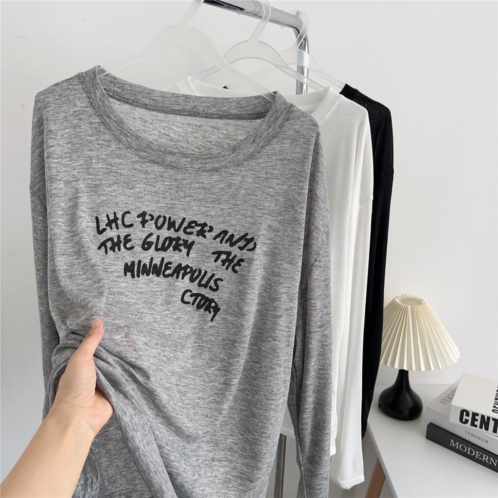 Korean Lazy Style Women's Off-Shoulder Letter Print Sun Protection Long-Sleeve T-Shirt