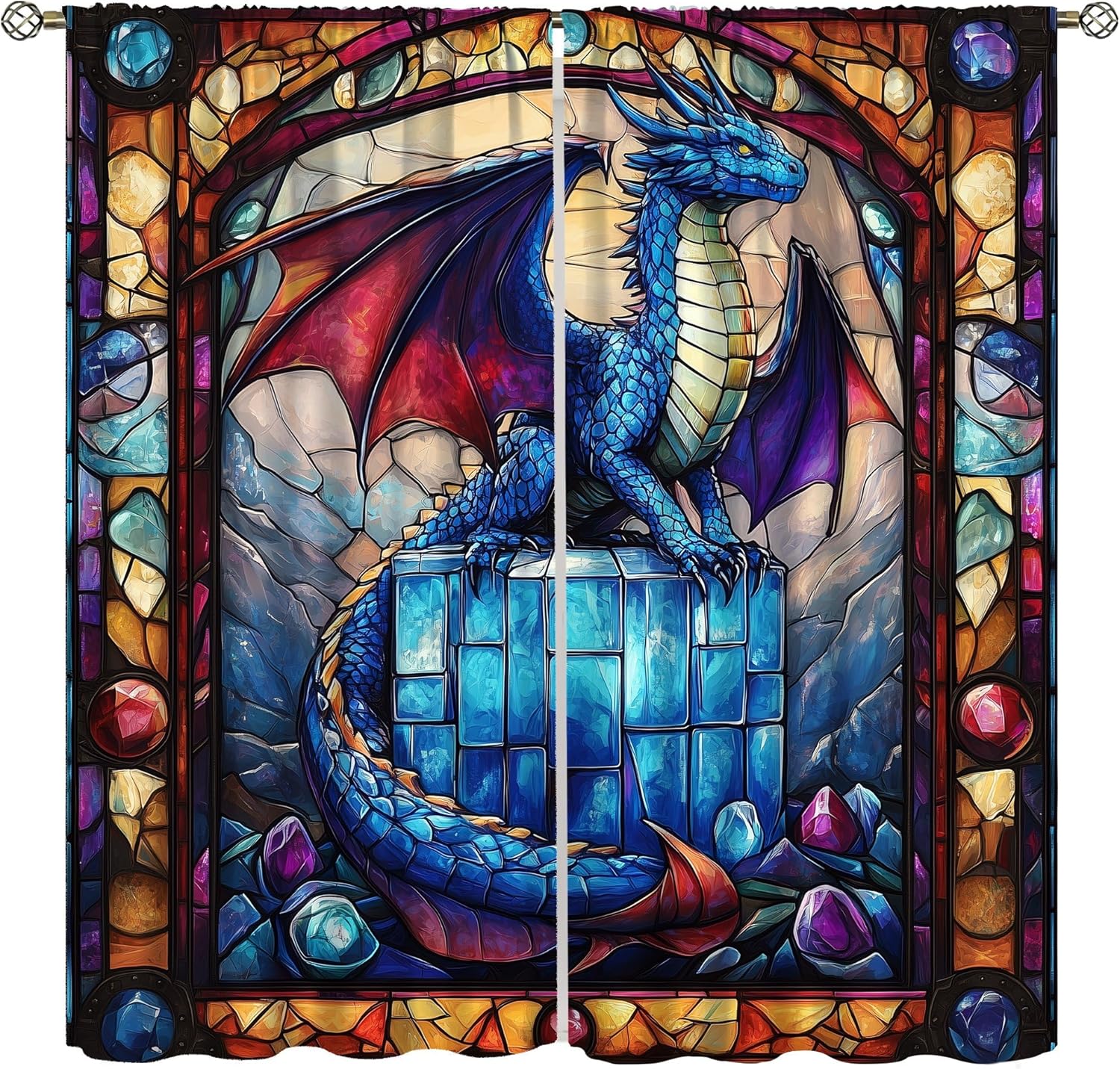 

Western Dragon Curtains Fantasy Stained Glass Flying Wing Trippy Windows Treatments Drapes Kids Boys Teena Made Of Polyester With Rod Pocket W100*H70(CM)-Grommet top&2PCS